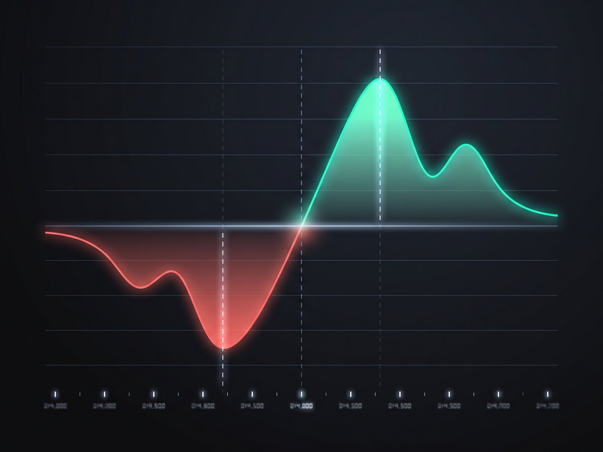 Abstract illustration of a gamma exposure chart with call wall and put wall reference lines