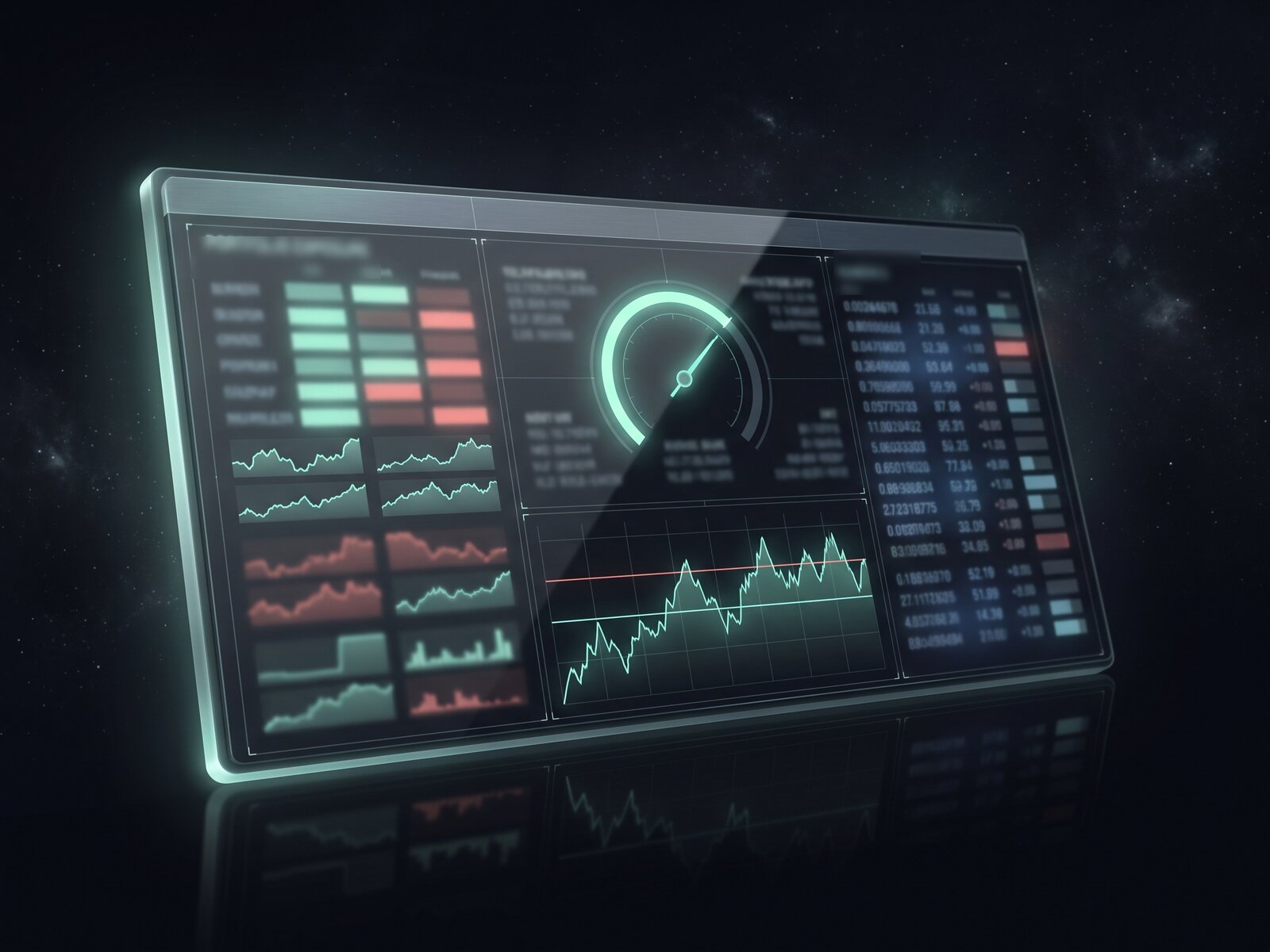 Abstract illustration of a dark trading terminal interface with a risk-heat gauge, exposure grid, and gamma-level chart